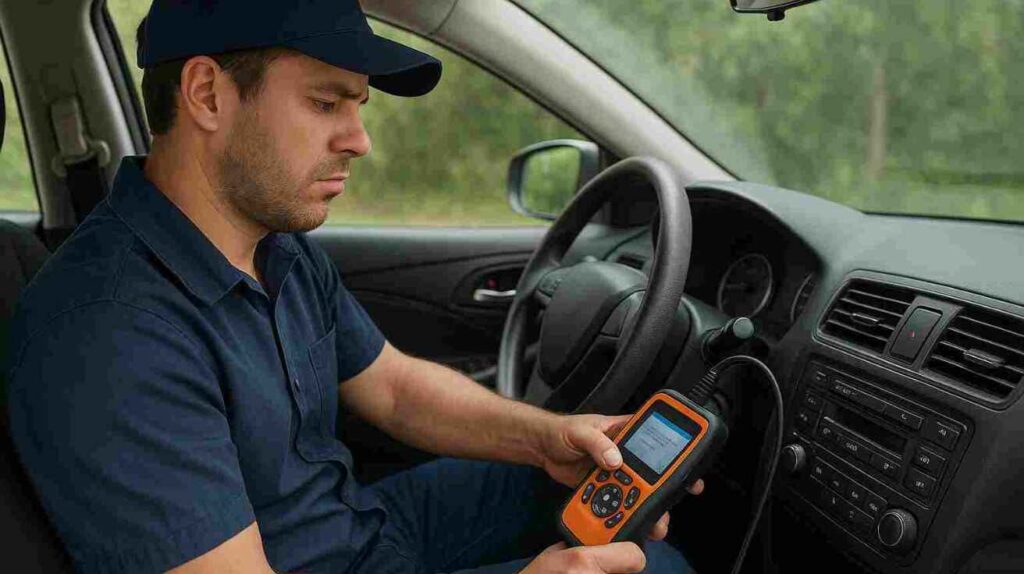 Mechanic using OBD scanner to diagnose transmission downshift issues.