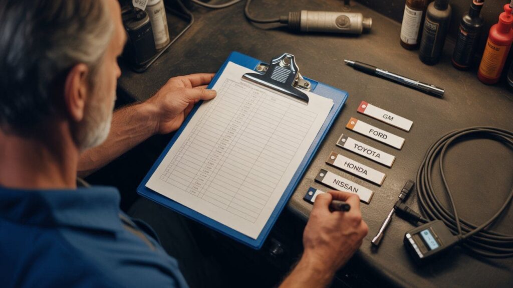 Overhead view of a mechanic’s clipboard showing model-specific notes and labeled key tags.