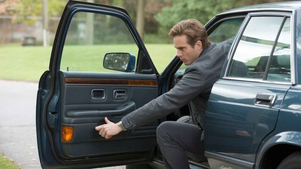 Driver safely touching car door with knuckle to prevent static shock.