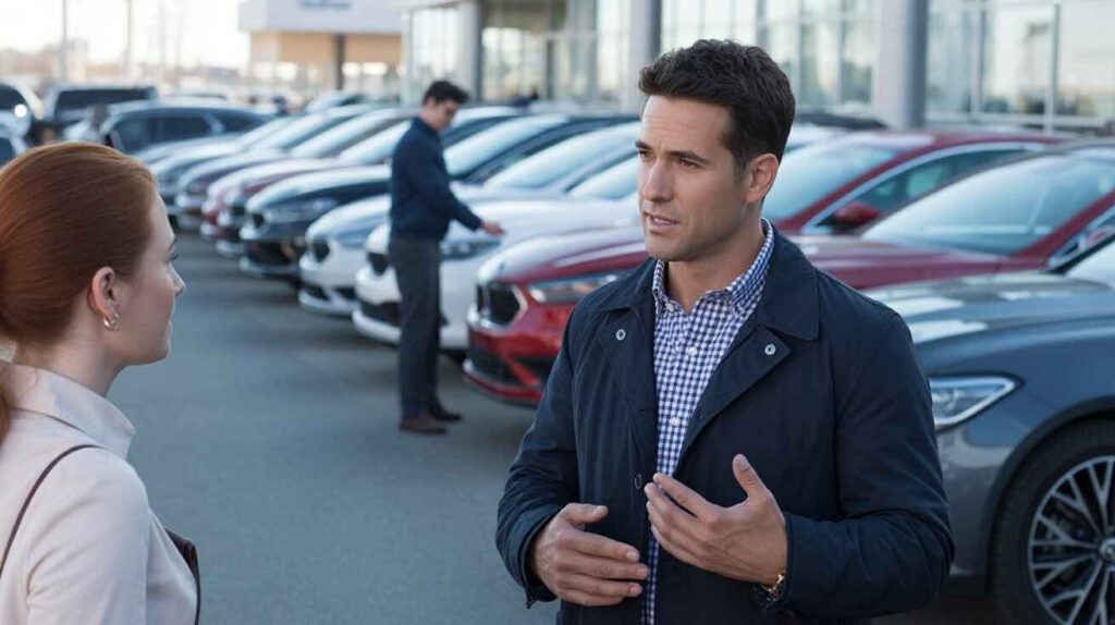 Dealer explaining buyback reasons to a customer with cars lined up for inventory management.
