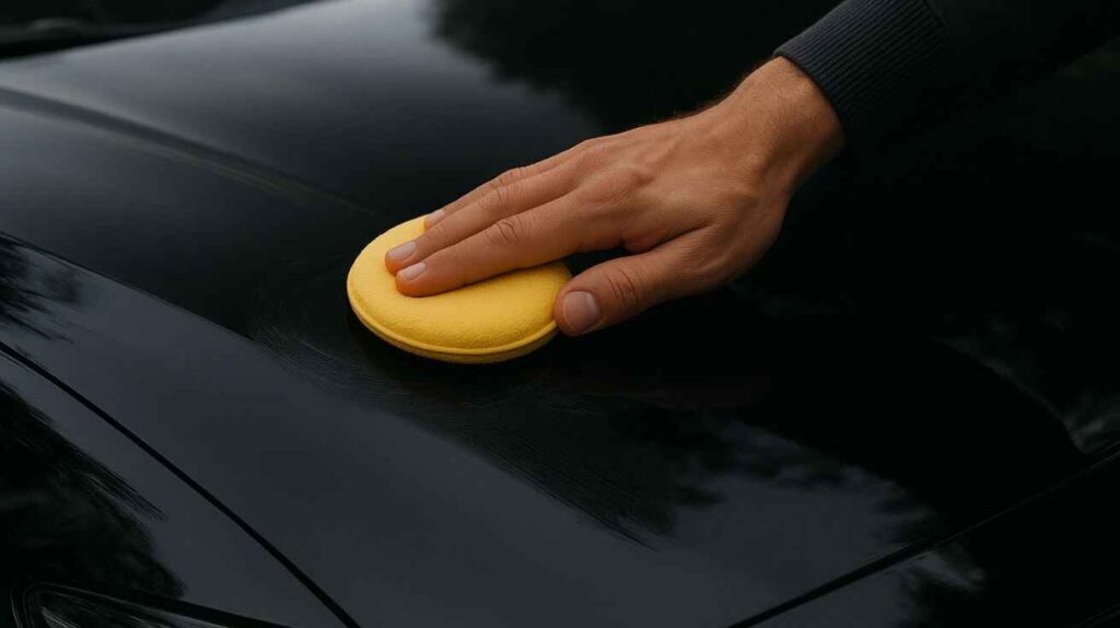 Proper waxing technique on a freshly painted car after curing.