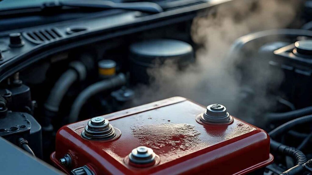 Swollen car battery bulging outward under the it with concern.