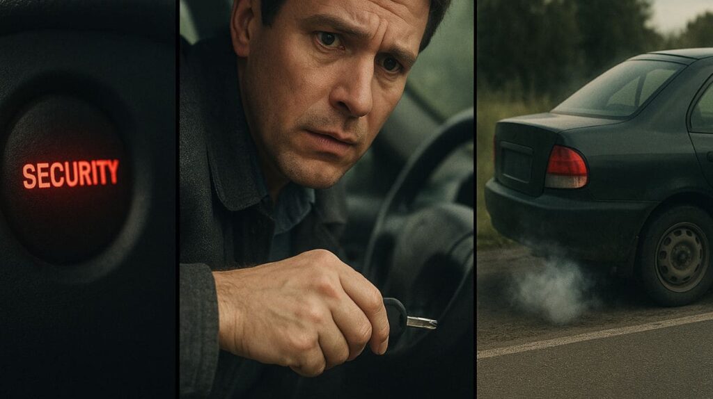 Montage showing a blinking security light, a worried driver turning a key, and a stalled car at roadside.