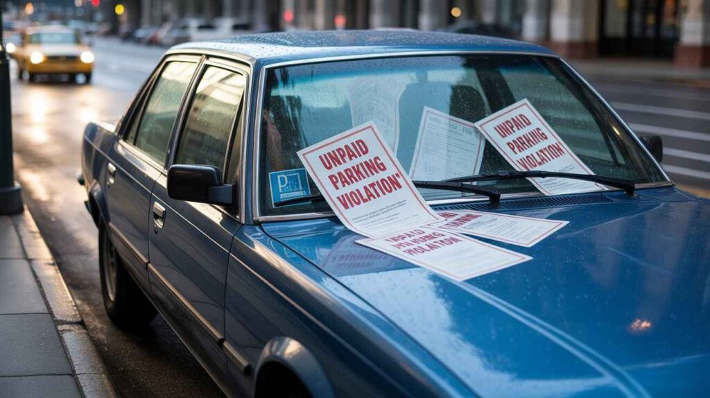 Several unpaid parking tickets tucked under a car’s windshield wiper.