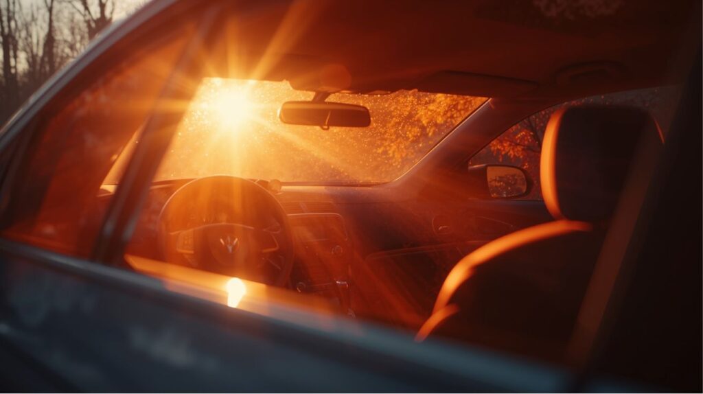 view of sunlight and UV radiation entering through a car trapped by glass.