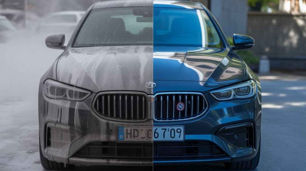 Car paint finish comparison showing hazy surface from early waxing versus glossy surface after curing.