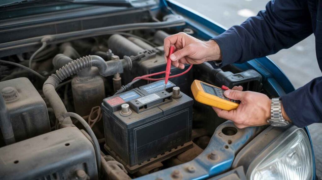 Weak car battery under the hood with corroded terminals as a mechanic checks voltage using a multimeter.