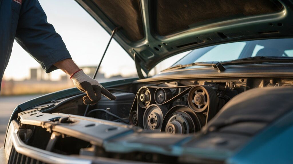 Mechanic check of a cracked, glazed serpentine belt wrapped around a pulley .
