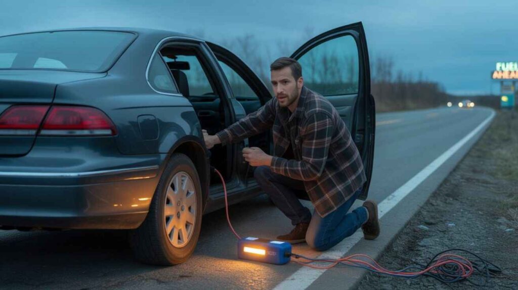 Driver using a portable jump starter as a temporary alternative for a failed alternator.