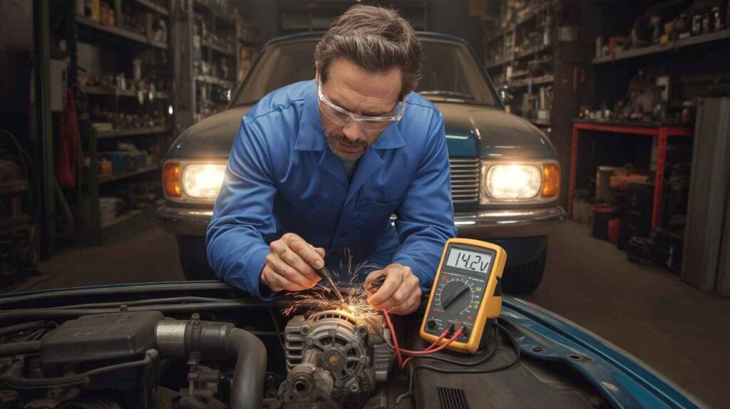 Mechanic checking alternator output while the car engine runs.