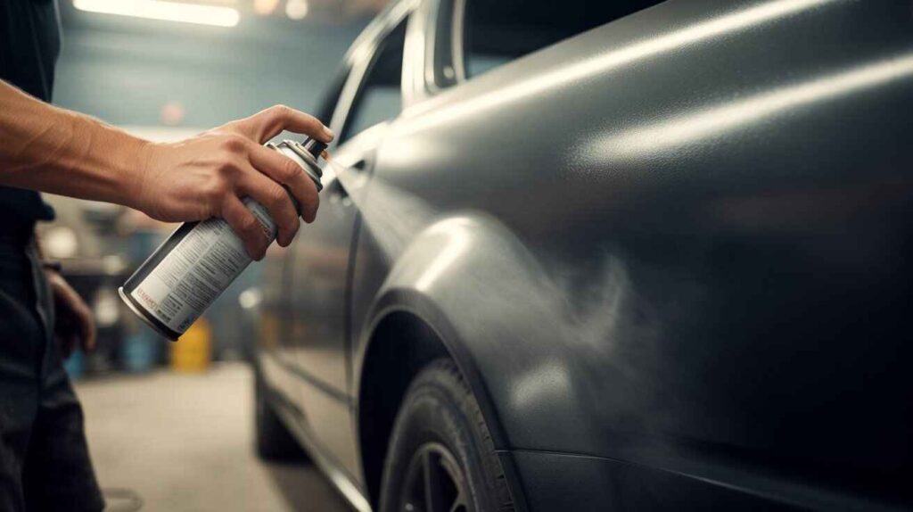 Applying spray can primer on car after cleaning and sanding steps.