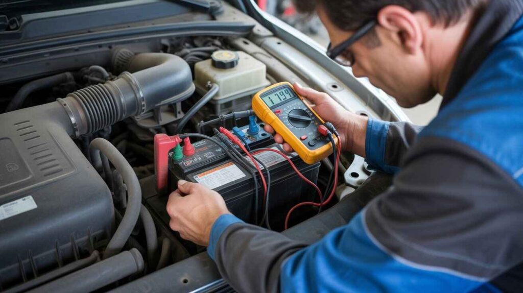 Mechanic testing battery voltage for electrical stalling issues.