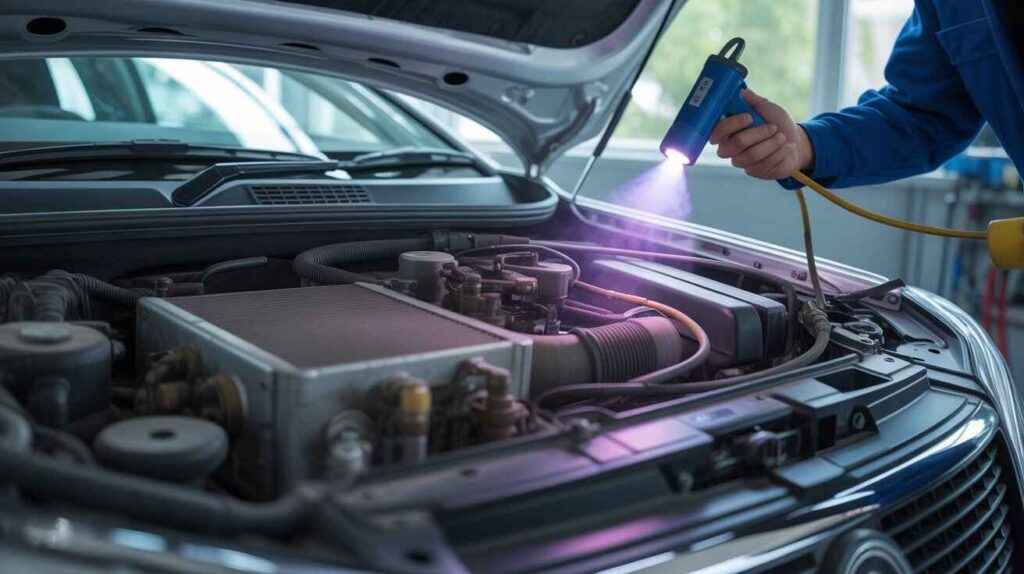 Technician inspecting car AC refrigerant leak under hood using UV light.
