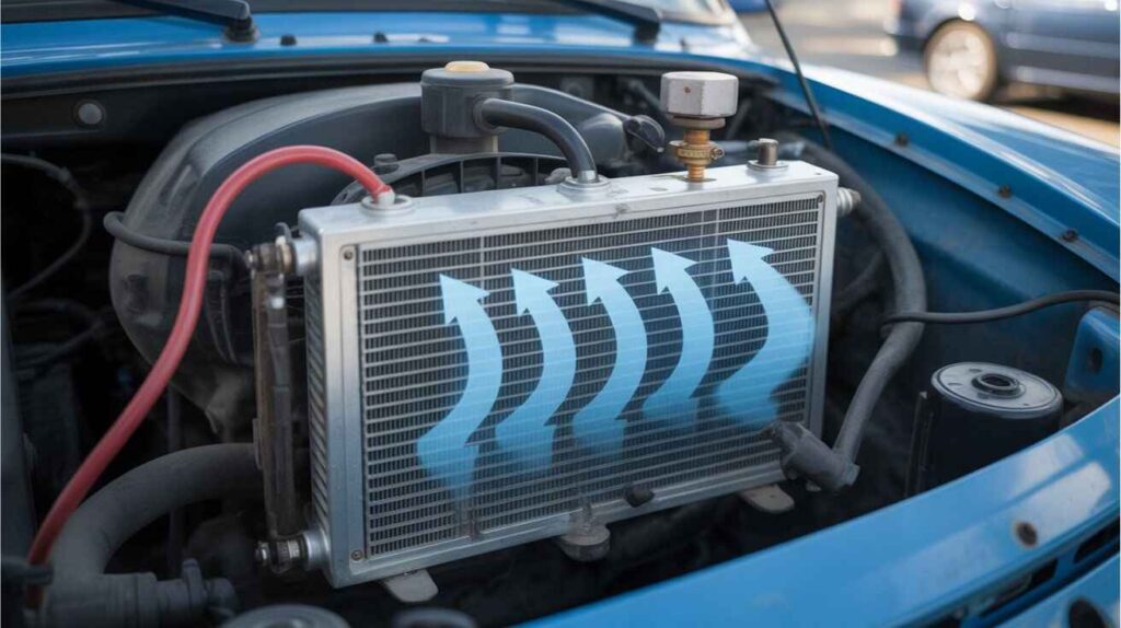Detailed view of car cooling system showing radiator, water pump, and thermostat that regulate engine temperature.