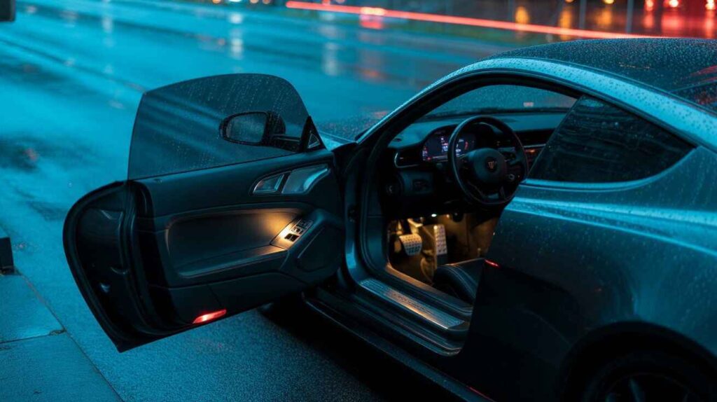 Car door ajar with interior dome light staying on due to faulty sensor.