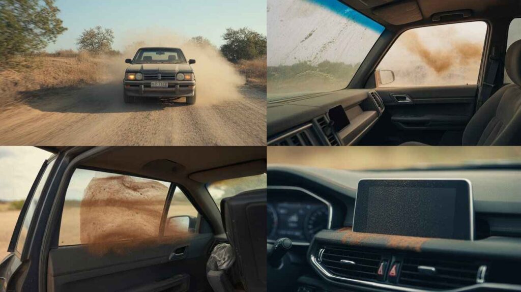 Causes of dust inside cars including dusty roads, open windows, dirty air filter, and static dashboard surfaces.