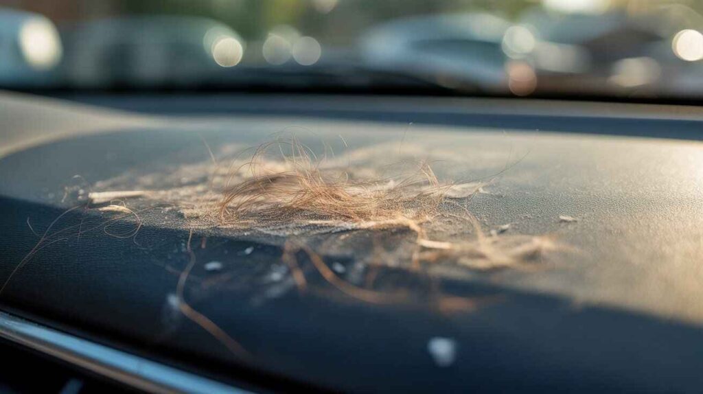 Close-up of environmental and human dust particles on car dashboard.
