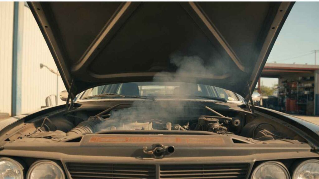 Smoke from engine bay due to oil or transmission fluid burning on hot components.
