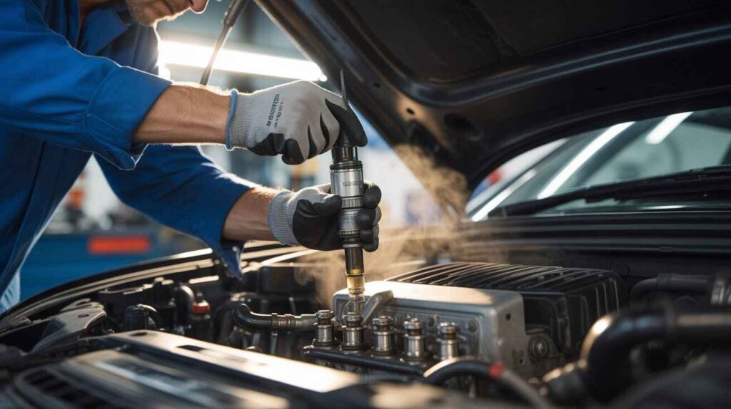 Mechanic checking car engine fuel injectors for possible leak.