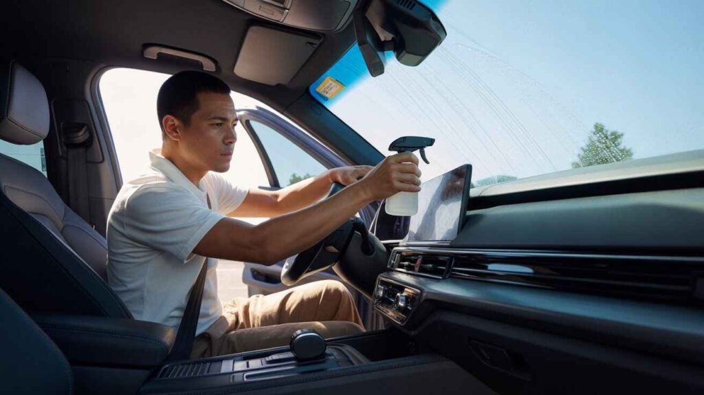 Car owner cleaning and airing out interior to prevent chemical odors.