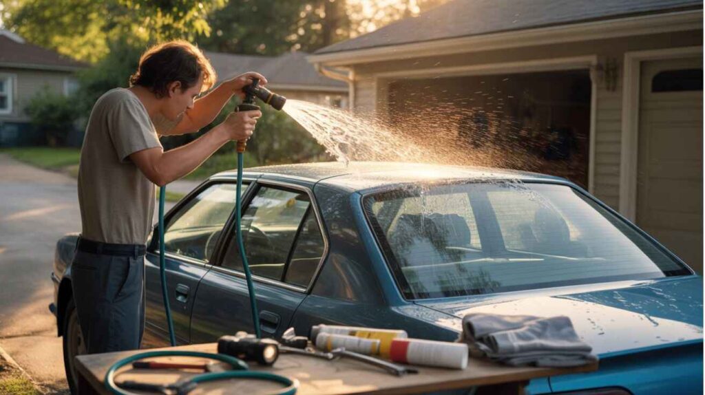 Person spraying water on car to locate source of interior leak during rain simulation test.