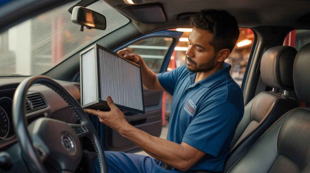 Mechanic replacing cabin air filter and inspecting .