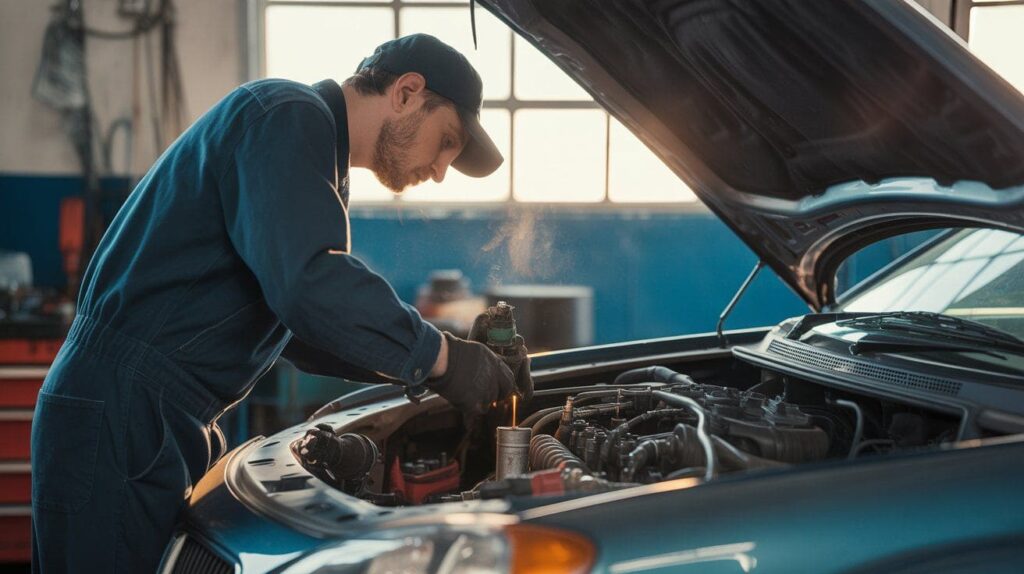 Mechanic performs maintenance to reduce engine vibration.
