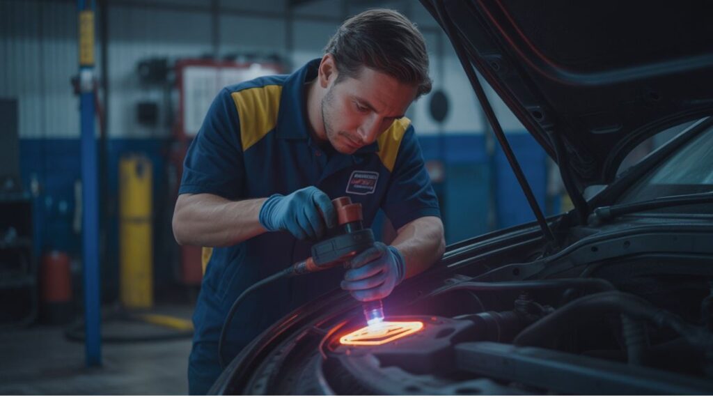 Mechanic using UV dye to detect coolant leak in engine bay.