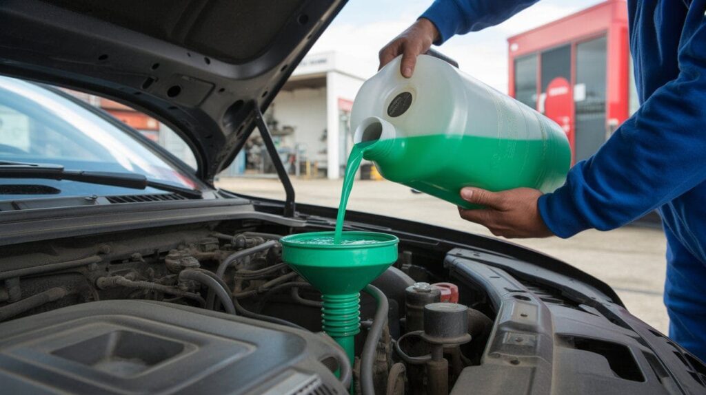 Mechanic refilling car radiator with fresh coolant during maintenance.