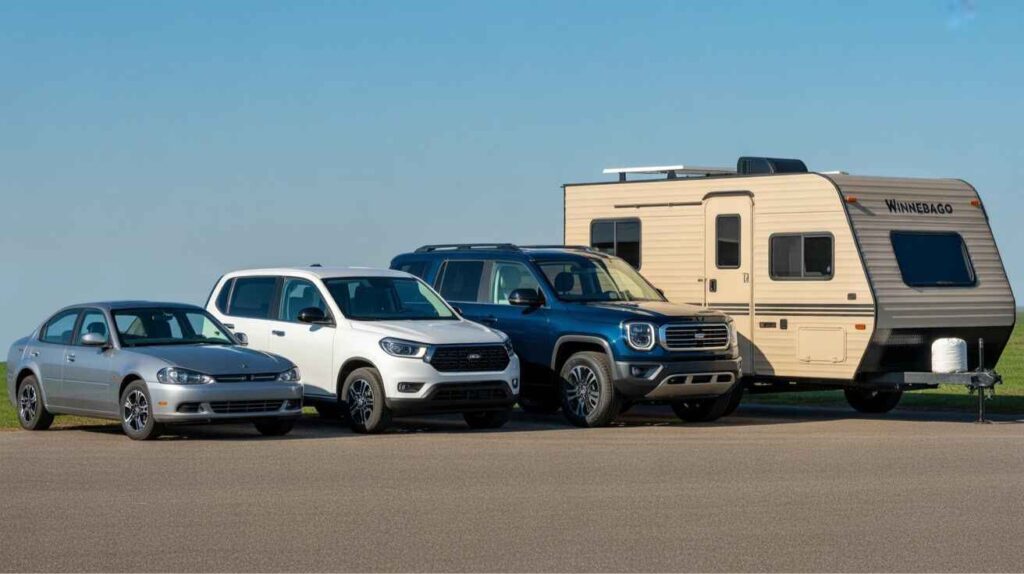 Small car, compact SUV, and midsize SUV parked beside a mini Winnebago to show towing capability differences.