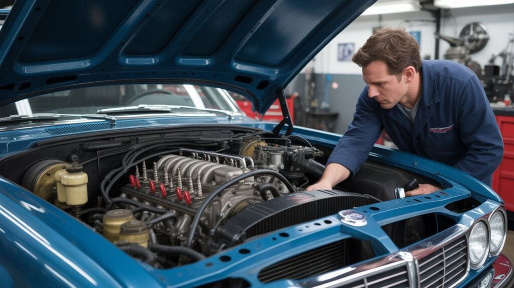 Mechanic inspects car engine for causes of idle vibration.