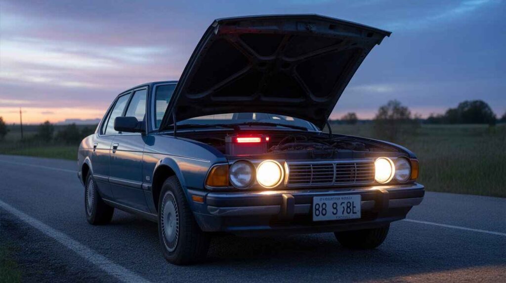 A stranded car with dim headlights showing what happens when running without an alternator.