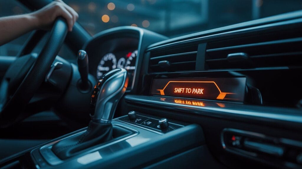 Driver pressing start/stop button while car shows shift to park message.