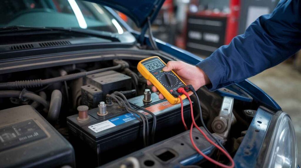 Mechanic testing car battery with a multimeter to confirm voltage.