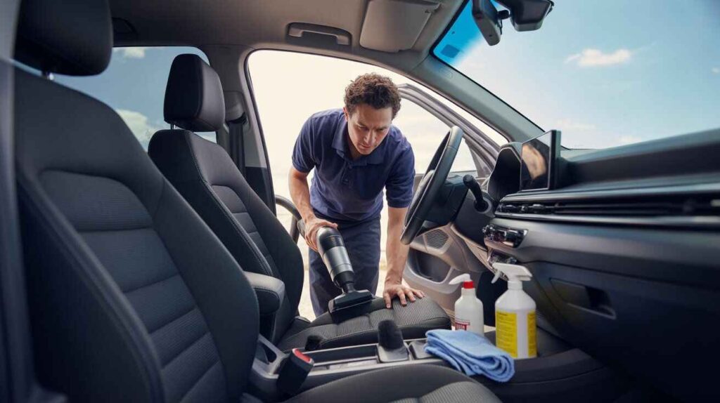 Person deep-cleaning car interior to remove odors and contaminants.