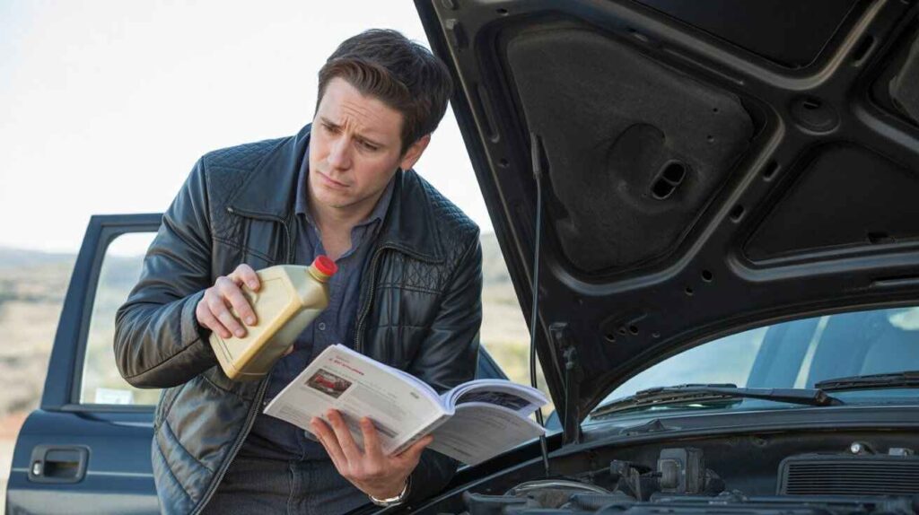 Driver checking manual to understand when to safely add oil to warm engine.