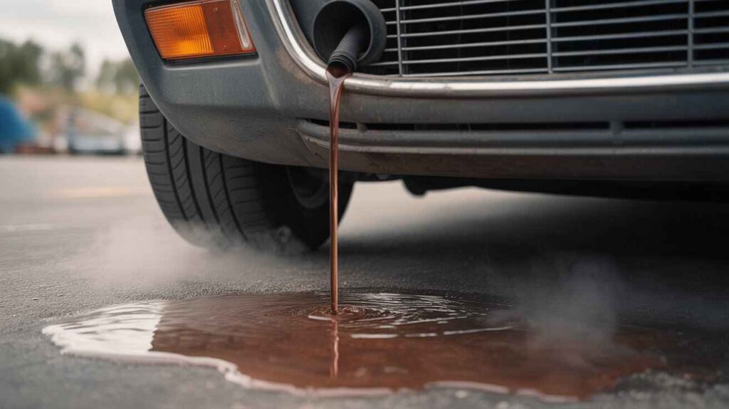 Coolant leak under car causing sweet syrupy exhaust smell.