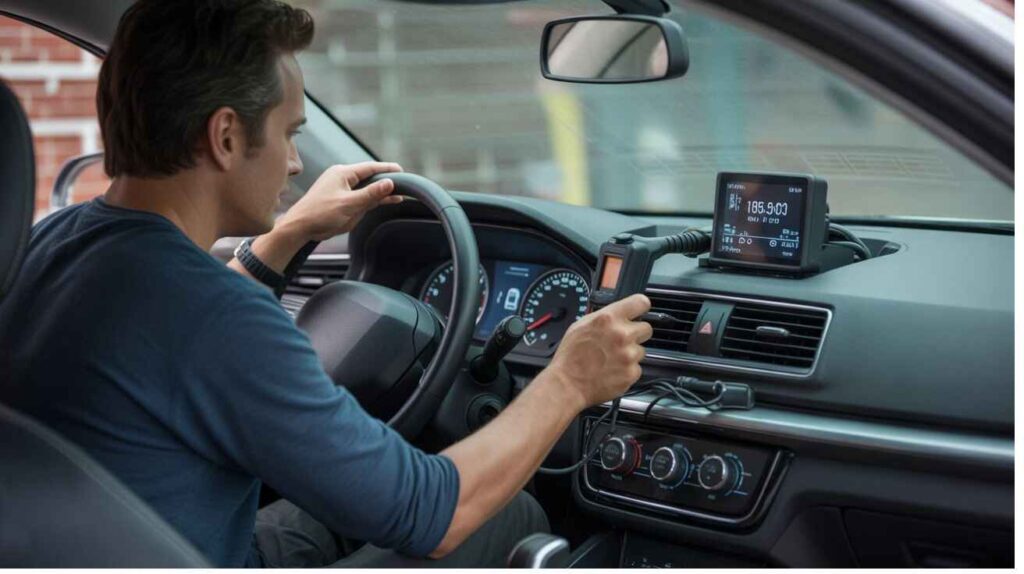 Driver using OBD-II scanner to diagnose car hesitation with check engine light on.