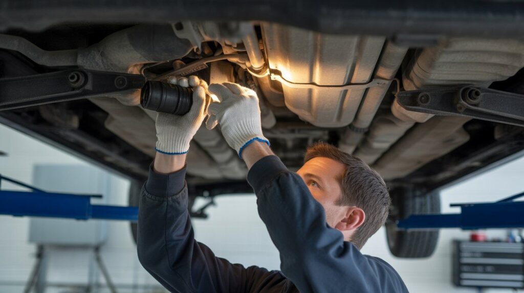 Mechanic inspecting the bottom of a lifted car with a flashlight to find the source of a gas leak.
