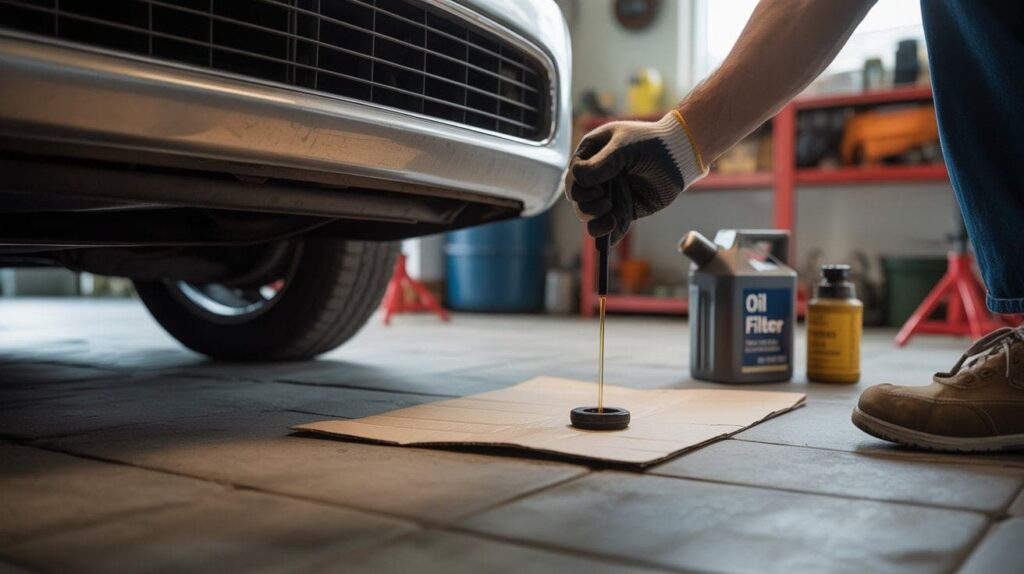 Person checking car oil dipstick and placing cardboard under the car for an oil leak test.