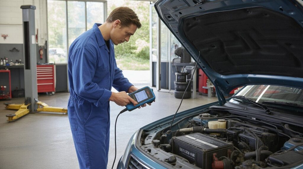 Mechanic diagnosing shift-to-park issue with OBD-II scanner.