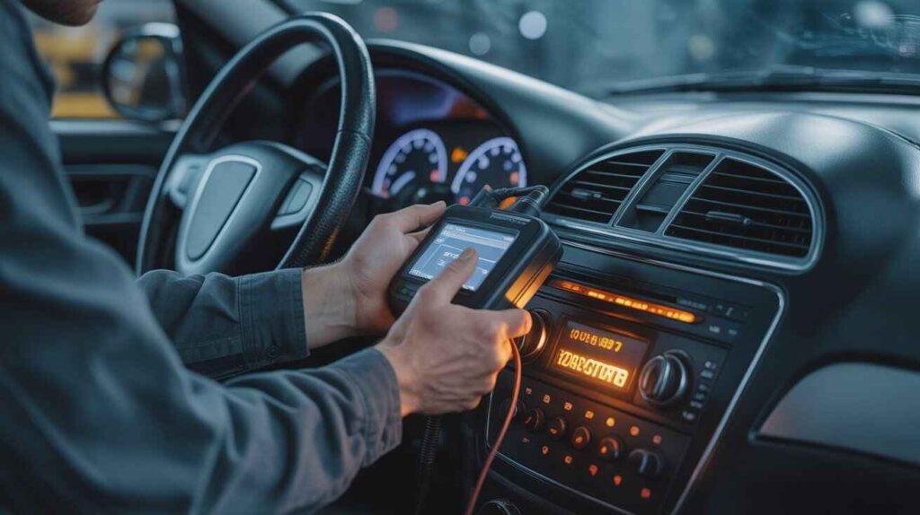 Mechanic using diagnostic scanner on car dashboard to identify AC and heater problems.