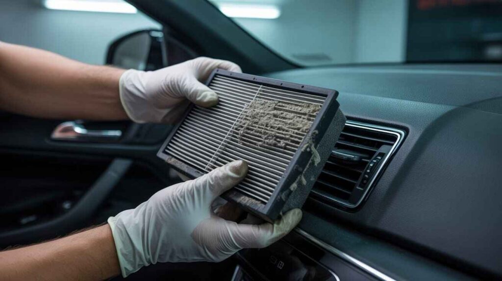 Mechanic holding dirty cabin air filter removed from car dashboard vent.
