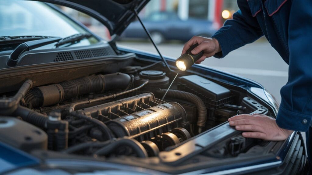 Mechanic inspecting a car engine with a flashlight to find oil leak sources.