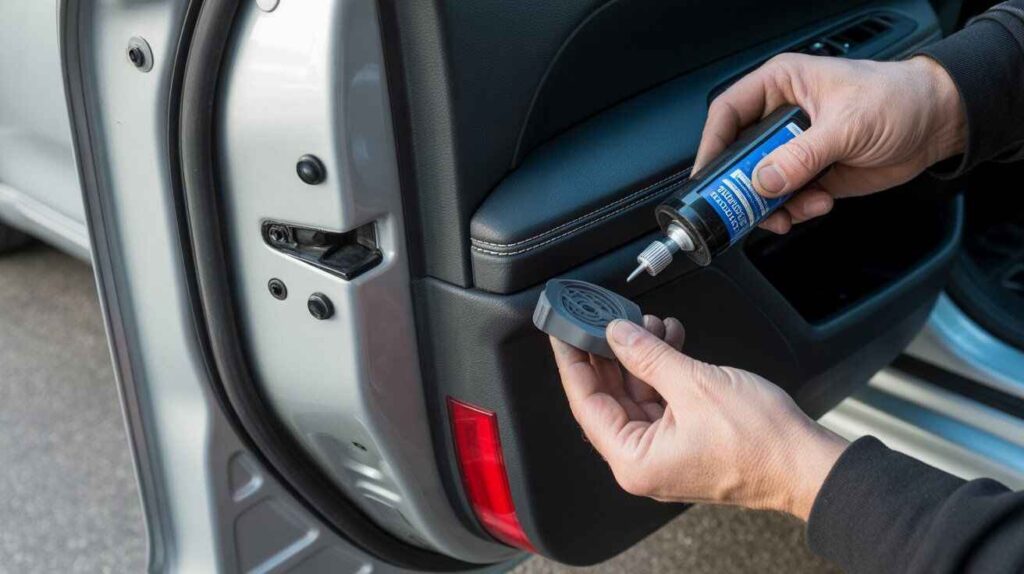 Mechanic checking car door seal and drain holes for water leak caused by worn weather stripping.