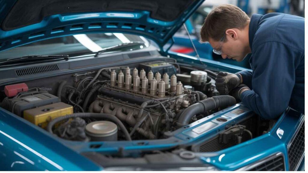 Mechanic diagnosing engine performance drop due to AC load.