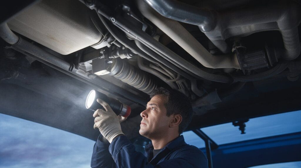 Mechanic inspecting the EVAP system hoses under a car to detect vapor leaks causing gas odor.