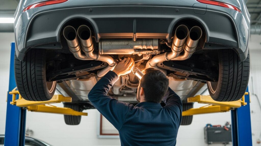 Mechanic checking for exhaust leaks near the car cabin area under the vehicle.