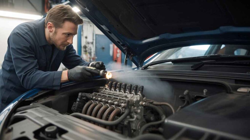 Mechanic fixing coolant leak to remove sweet exhaust smell.