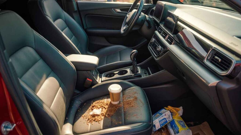 Messy car interior with spilled drink and food trash causing bad smell.